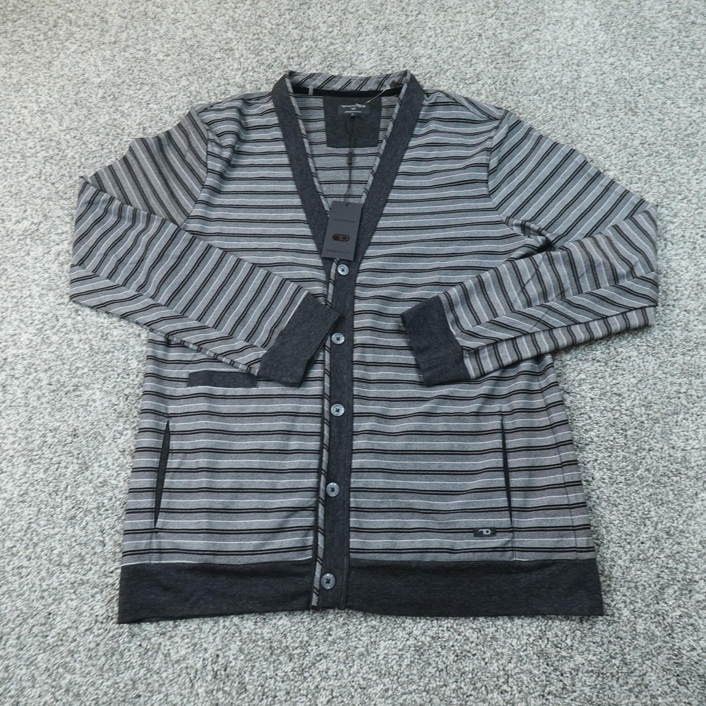 NEW 7 Diamonds Sweater Mens L Black Stripe Cardigan V Neck Button Knit Grandpa
